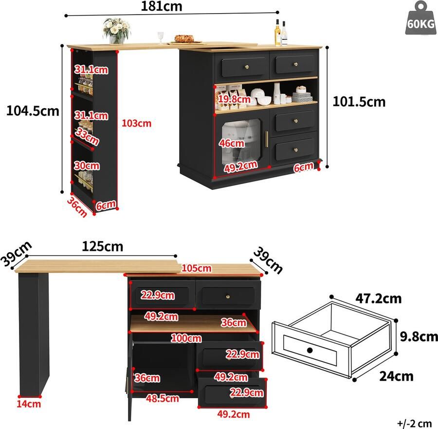 Ojiuboo -Draaibare bartafel Uitschuifbare eettafel Vier lades + drie planken Deur van gehard glas 360° draaibaar onderstel Zwart 125-181 x 39 x 104 5 cm