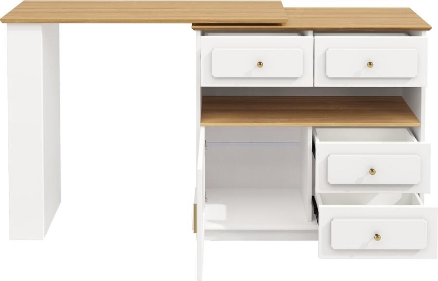 Ojiuboo -Draaibare bartafel Uitschuifbare eettafel Vier lades + drie planken Deur van gehard glas 360° draaibaar onderstel Wit 125-181x39x104 5cm