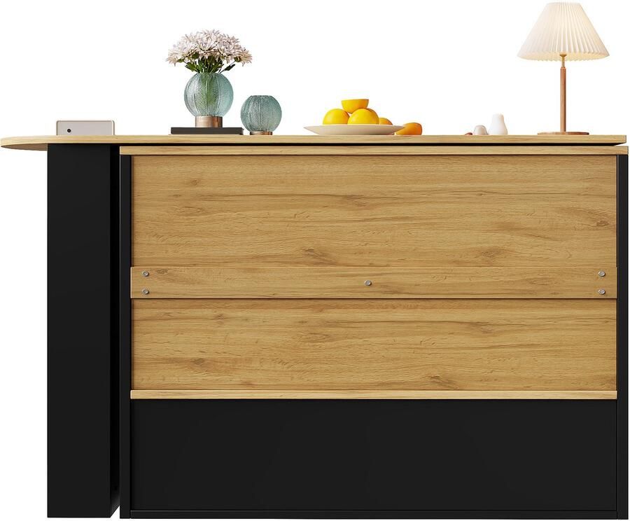 Ojiuboo -Draaibare eettafel Uitschuifbare bartafel 360° draaibaar onderstel Vijf lagen opbergruimte + gehard glazen kast met snackrek aan de zijkant Zwart 138-204x39x102 5cm