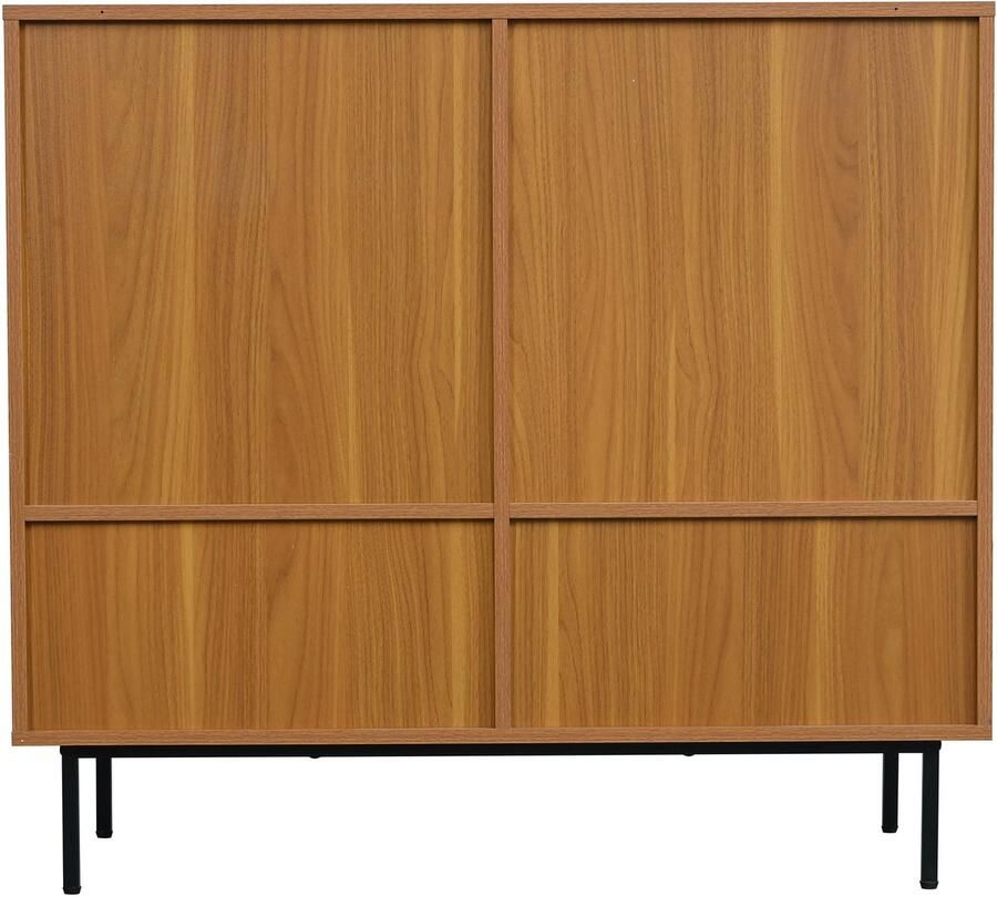 Ojiuboo Dressoir in landelijke stijl met twee schuifdeuren van rotan en drielaagse planken walnootkleurige opbergkast geschikt voor woon- eetkamer 100×37×90 cm