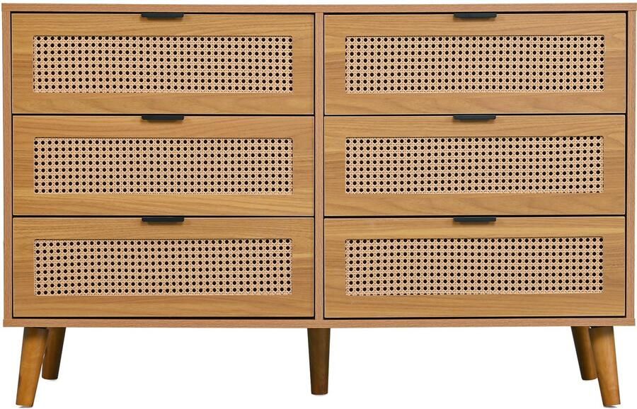 Ojiuboo Dressoir met zes laden Walnootkleurige houten hoge kast Metalen handgreep Massief houten poten Geschikt voor slaapkamer woonkamer en kantoor 120 × 40 × 76 5 cm