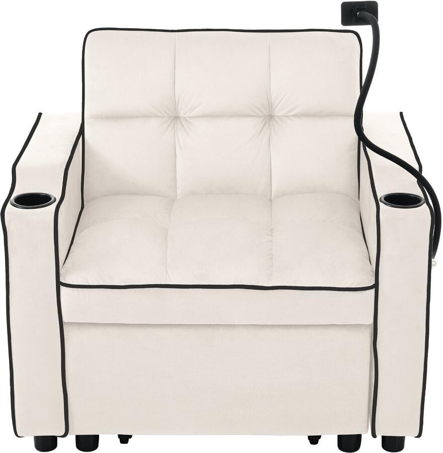 Ojiuboo -Drie-in-één opklapbare slaapbank met beker- en telefoonhouders fluwelen stof beige 83 x 167 x 76 cm