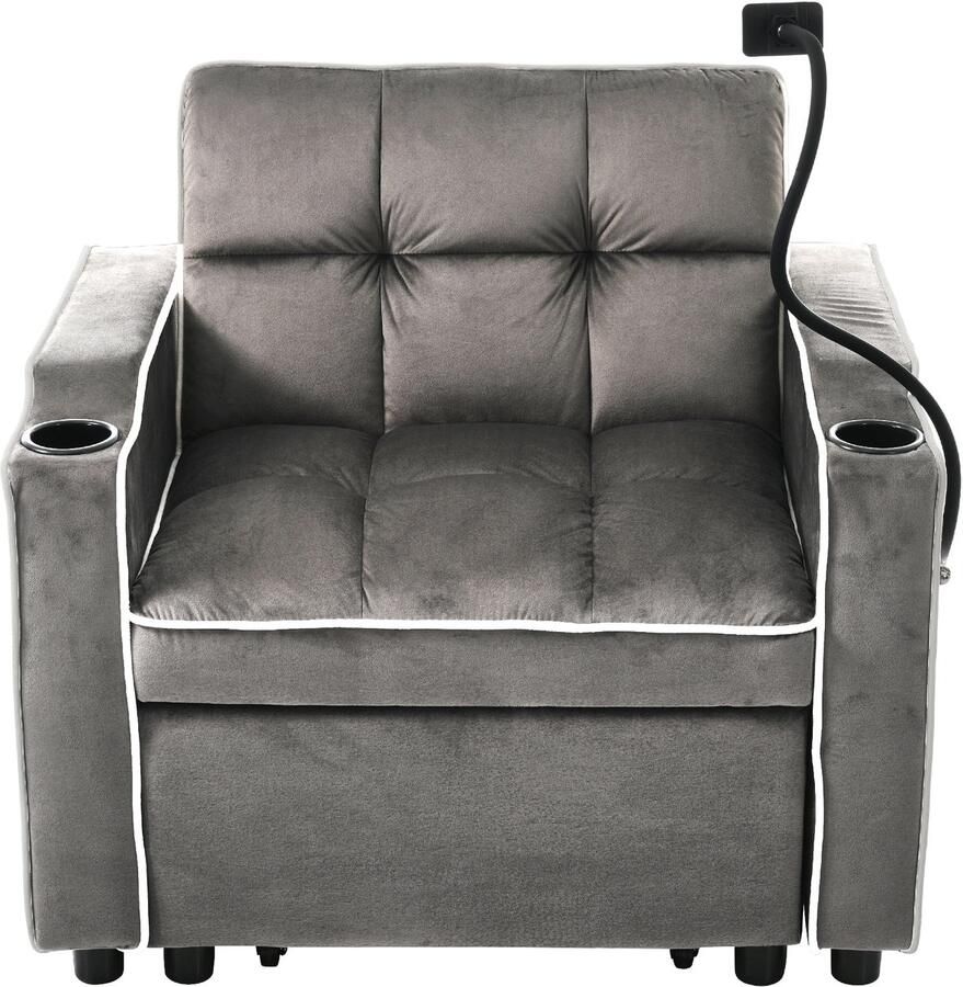 Ojiuboo -Drie-in-één opklapbare slaapbank met beker- en telefoonhouders fluwelen stof rustiek donkergrijs 83 x 167 x 76 cm