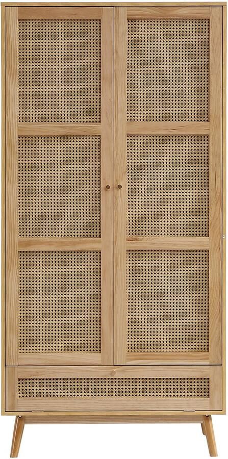 Ojiuboo Dubbele Rotan Kledingkast Met Hangroede en Onderste Opklapbare Opbergkast Natuurlijke Kleur PE Rotan + Spaanplaat Universeel voor Slaapkamer en Woonkamer Eenvoudige Scandinavische Stijl