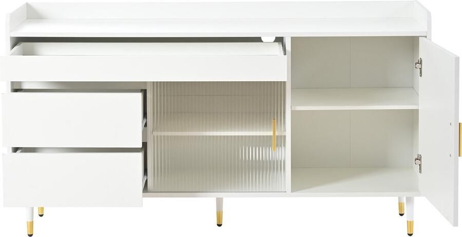 Ojiuboo Eenvoudig modern LED-dressoir met glazen schuifdeuren Multifunctionele opbergkast Witte houten servieskast met lades en displayruimte Woonkamer Eetkamer Gangmeubel 140×38×76cm