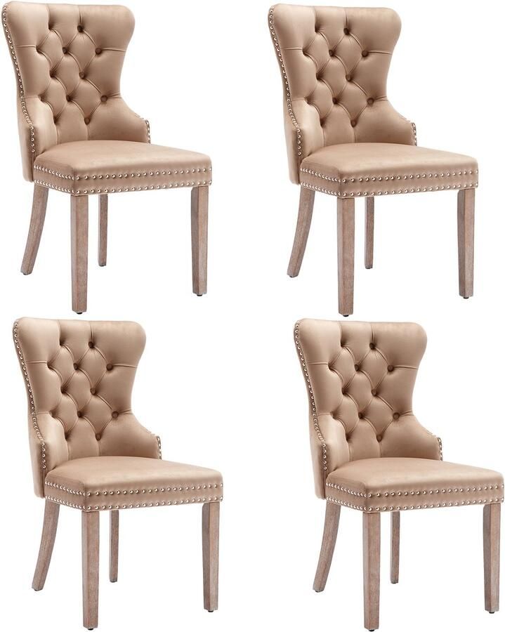 Merax Eetkamerstoelen Set van 4 Klassieke Fluwelen Stoelen met Rugtrekring en Siernagels Keukenstoelen met Massief Houten Poten Lichtbruin
