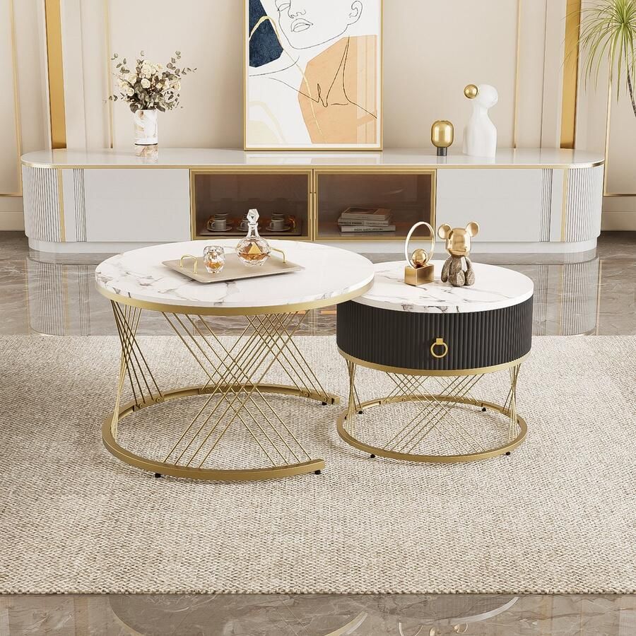 Ojiuboo -Elegante modulaire salontafel Bijzettafelset van twee met lades Gemarmerde gouden afwerking Wit + Goud 70*70*45cm + 50*50*40cm