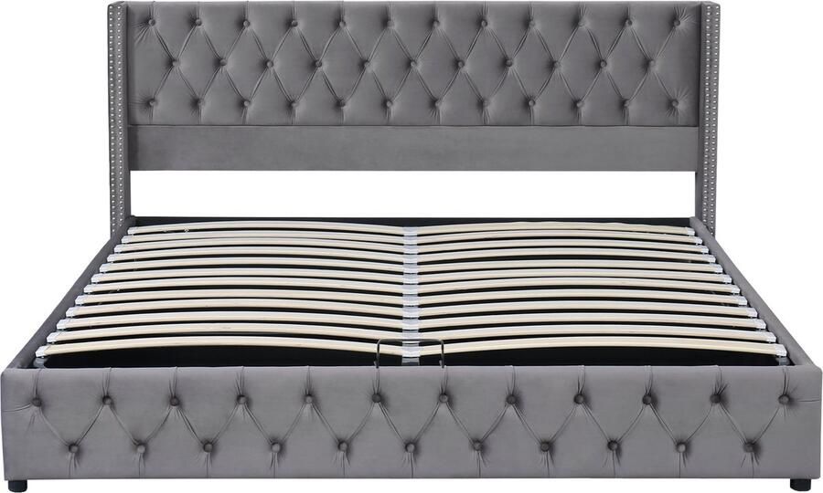 Ojiuboo -Fluwelen gestoffeerd bed 180x200 Chesterfield-stijl Ontwerp met geklonken knopen Bed met hydraulische opbergruimte Grijs Matras niet inbegrepen