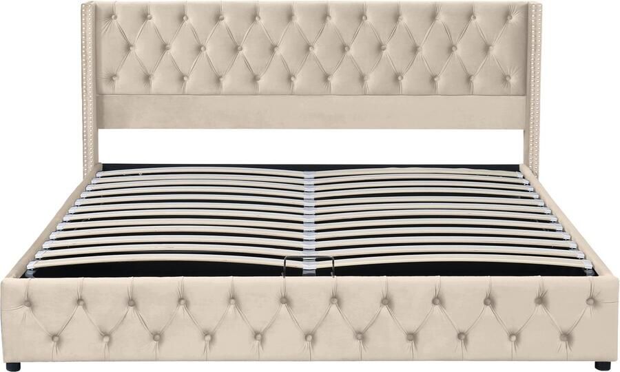 Ojiuboo -Fluwelen bed 180x200 Chesterfield-stijl Ontwerp met geklonken knopen Bed met hydraulische opbergruimte Beige Matras niet inbegrepen