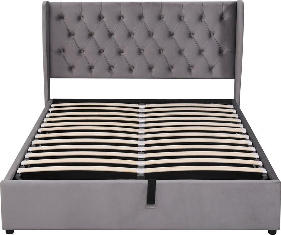 Ojiuboo -Fluwelen tweepersoonsbed 140x190cm – Hydraulisch opbergframe – Met lattenbodem – Grijs – Exclusief matras – Europese moderne minimalistische stijl