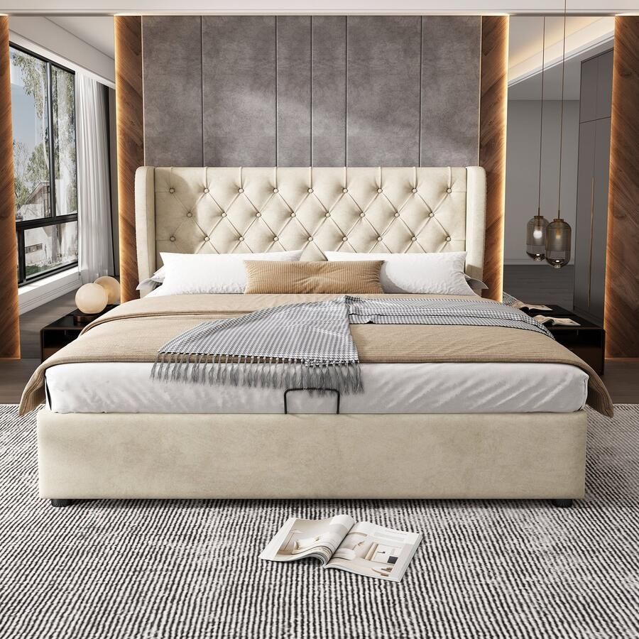 Ojiuboo -Fluwelen tweepersoonsbed 160x200cm – Oorvormig hoofdbord – Hydraulisch opbergframe – Met lattenbodem – Beige – Exclusief matras – Chesterfield-stijl