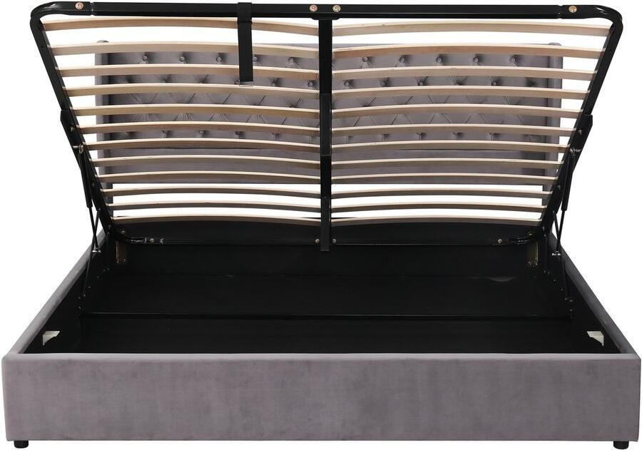 Ojiuboo -Fluwelen tweepersoonsbed 180x200cm – Oorvormig hoofdbord – Hydraulisch opbergframe – Met lattenbodem – Grijs – Zonder matras – Chesterfield-stijl