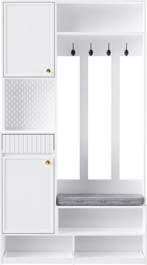 Ojiuboo -Gangkastset – Kapstok met bank en lade – 4 haken opbergkast met deuren – Opbergcombinatie voor in de gang – Wit – 100x180x35cm