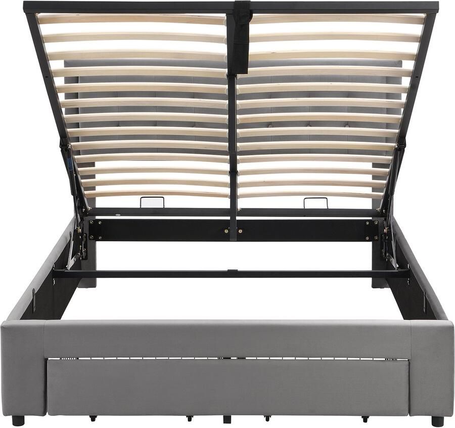 Ojiuboo -Gestoffeerd bed 140x190 cm Met lattenbodem en hoofdbord Bed met opbergruimte Hydraulisch gestoffeerd bed Tweepersoonsbed met twee lades Fluweel Grijs Houten onderstel