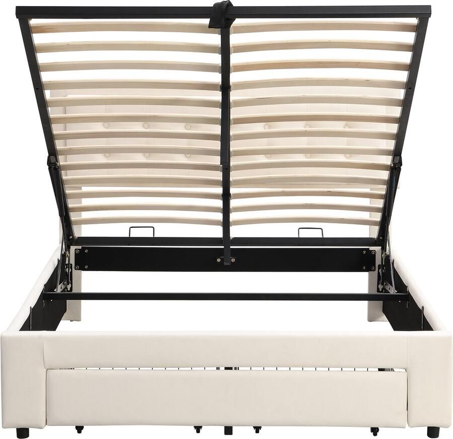 Ojiuboo -Gestoffeerd bed 140x200cm Met lattenbodem Met hoofdbord Bed met opbergruimte Hydraulisch gestoffeerd bed Tweepersoonsbed Met twee lades Fluweel Beige Eenvoudige montage