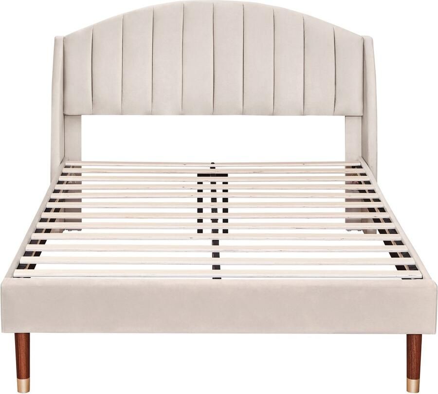 Ojiuboo -Gestoffeerd bed 140x200cm Lattenbodem Hoofdbord Jeugdbed Volwassenmaat Fluweel Beige Eenvoudige montage Houten onderstel