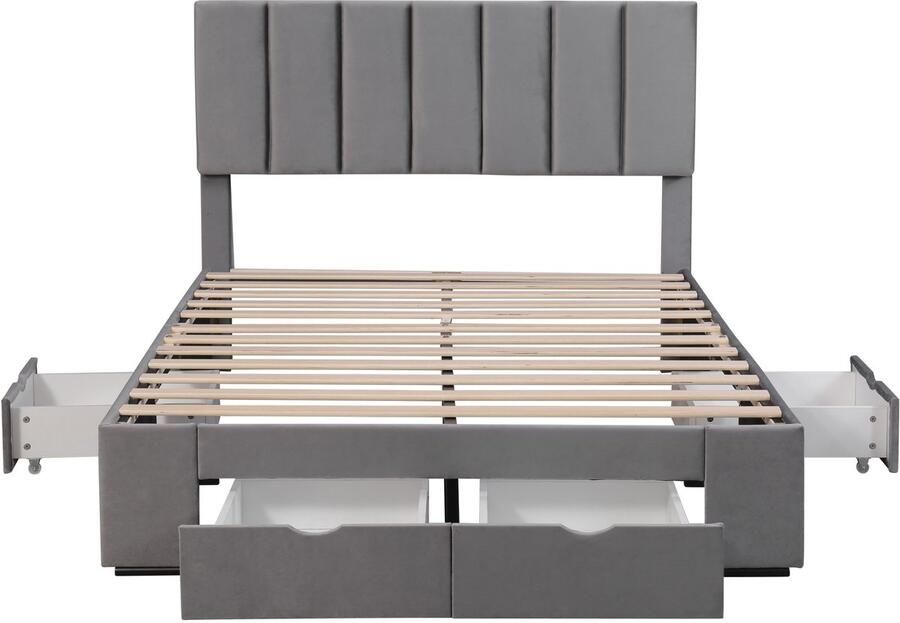 Ojiuboo -Gestoffeerd bed Fluweel 140x200cm Lattenbodem Hoge rugleuning 4 lades Grijs Matras niet inbegrepen