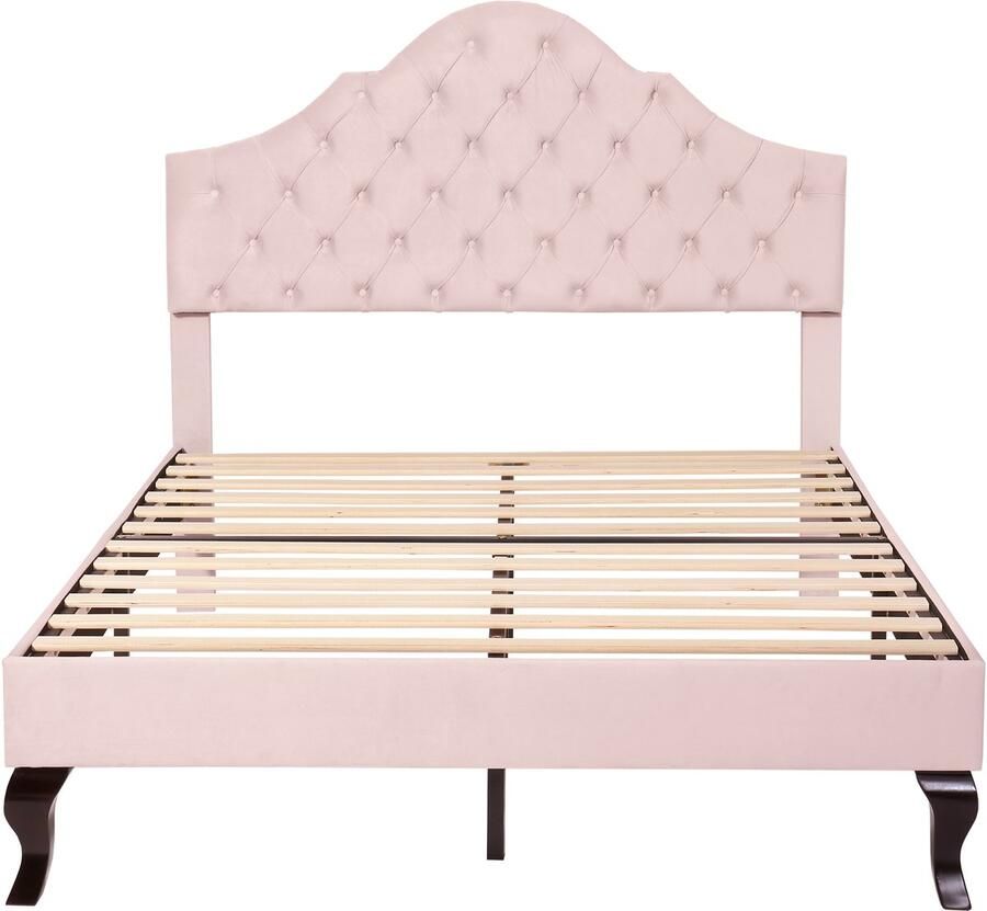Ojiuboo -Gestoffeerd bed Fluweel 140x200cm Tweepersoonsbed met hoofdbord Verstelbare hoogte Houten lattenbodem Roze Matras niet inbegrepen