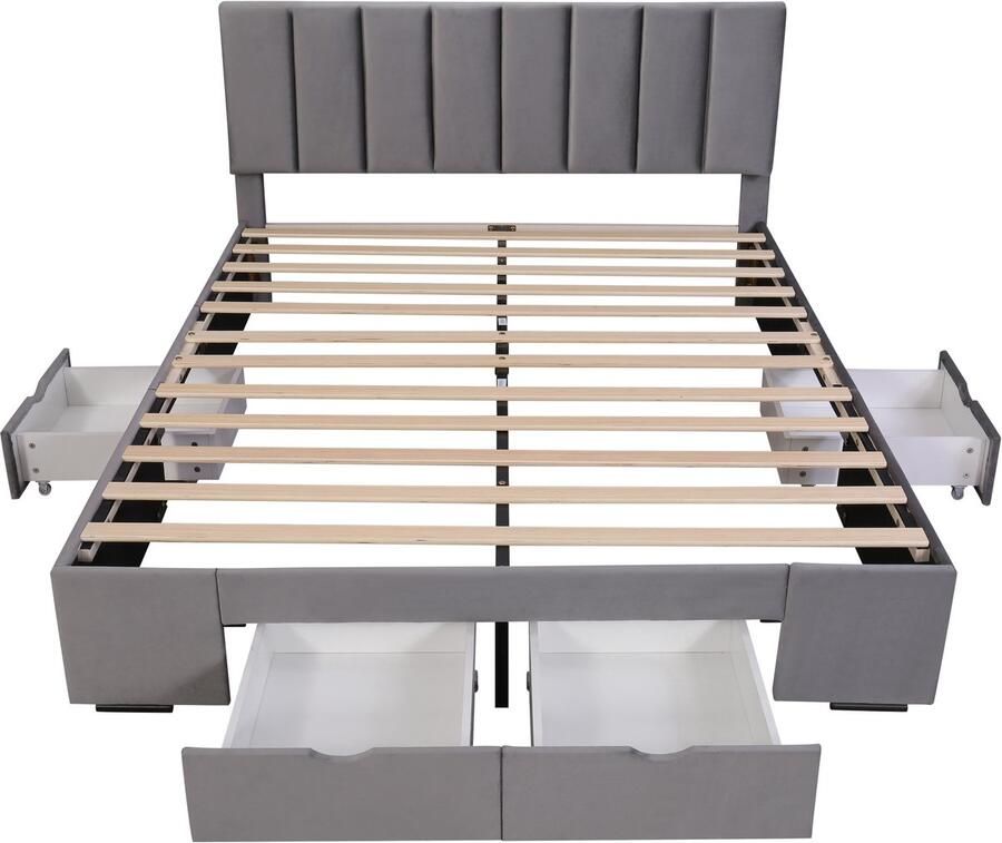 Mobrio Volwassen bed bekleed met fluweel 160x200cm met 4 laden + verstelbaar hoofdeinde + lattenbodem Grijs