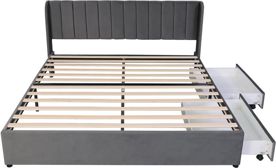Ojiuboo -Gestoffeerd bed Fluweel 180x200cm Lattenbodem Hoge rugleuning 2 lades Grijs Matras niet inbegrepen