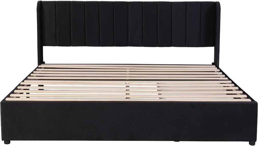 Ojiuboo -Gestoffeerd bed Fluweel 180x200cm Lattenbodem Hoge rugleuning 2 lades Zwart Matras niet inbegrepen