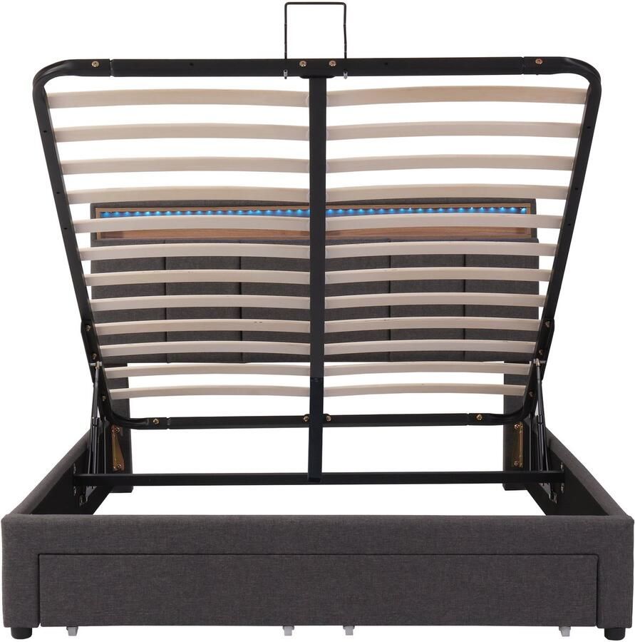 Ojiuboo -Gestoffeerd bed Linnen 140x190cm Hydraulisch opbergbed met ledverlichting en opberglade Grijs Matras niet inbegrepen