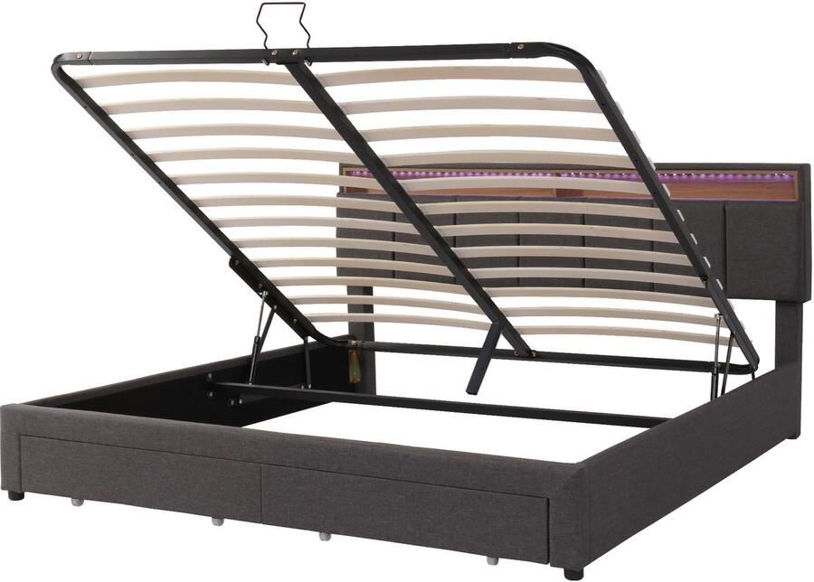 Ojiuboo -Gestoffeerd bed Linnen 180x200cm Tweepersoonsbed LED-hoofdbord Hydraulische opbergruimte Inclusief lades en compartimenten Grijs Matras niet inbegrepen