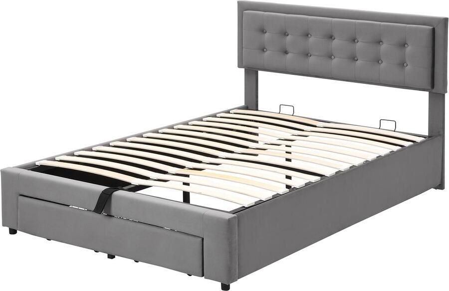 Ojiuboo -Gestoffeerd bed met opbergruimte en lades 140x200cm Lattenbodem Tweepersoons Fluweel Grijs Grote opbergruimte Eenvoudige montage