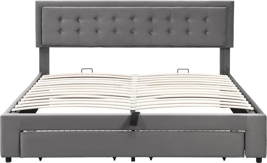 Ojiuboo -Gestoffeerd bed met opbergruimte en lades 160x200cm Lattenbodem Tweepersoons Fluweel Grijs Grote opbergruimte Eenvoudige montage