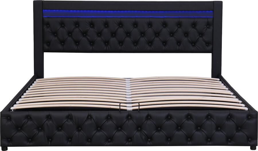 Ojiuboo -Gestoffeerd bed PU 140x200cm met ledverlichting Opbergruimte Lattenbodem Zwart Exclusief matras