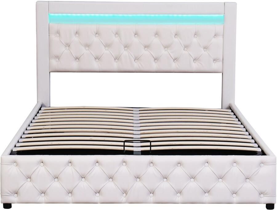Ojiuboo -Gestoffeerd bed PU 160x200cm met ledverlichting Opbergruimte Lattenbodem Wit Matras niet inbegrepen