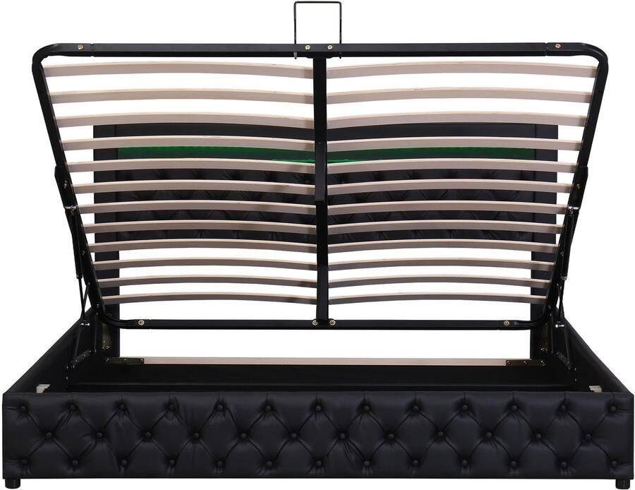 Ojiuboo -Gestoffeerd bed PU 160x200cm met ledverlichting Opbergruimte Lattenbodem Zwart Matras niet inbegrepen