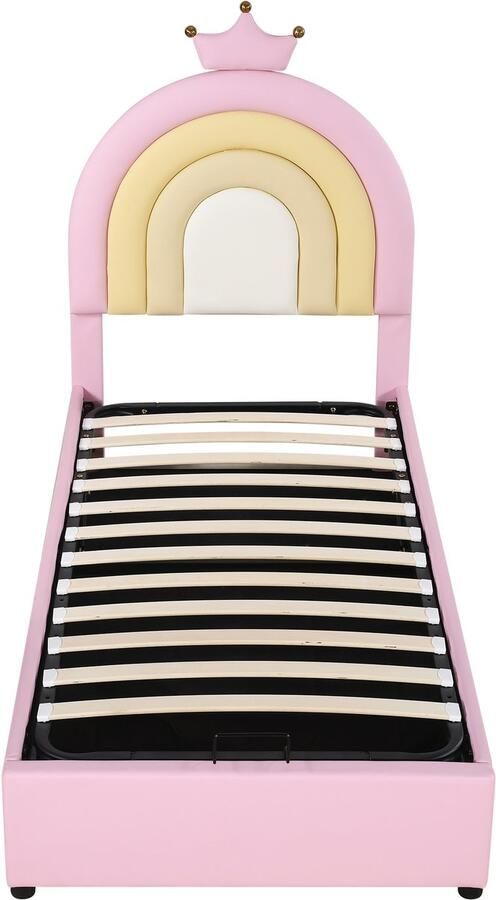 Ojiuboo -Gestoffeerd bed Roze 90x200cm Tiener eenpersoonsbed PU leren hoofdbord Verstelbaar hoofdbord Inclusief hydraulische opbergruimte Lattenbodem Matras niet inbegrepen