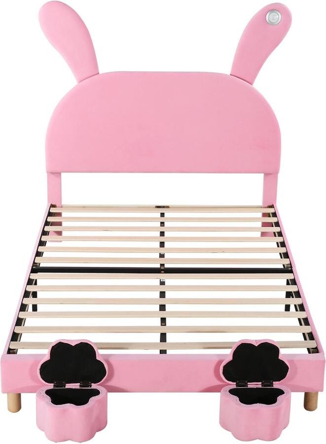 Ojiuboo -Gestoffeerd bed Roze 90x200cm Tienerbed Frans fluweel LED-verlichting + Konijnenoren + 2 opbergkrukken Lattenbodem Verstelbaar hoofdeinde Matras niet inbegrepen