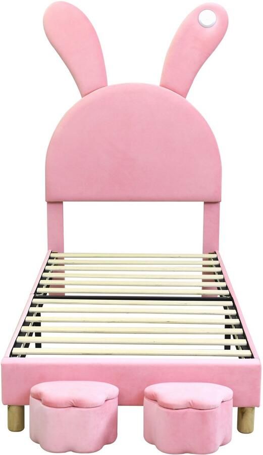 Ojiuboo -Gestoffeerd bed Roze 90x200cm Tienerbed Inclusief LED-lamp + Konijnenoren + 2 Opbergkrukjes Frans fluweel Lattenbodem Verstelbaar hoofdeinde Matras niet inbegrepen