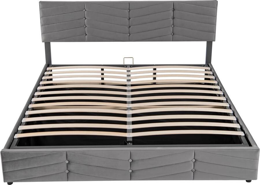 Ojiuboo -Gestoffeerd bed Tweepersoonsbed 180x200 cm met hydraulische opbergruimte Verstelbaar hoofdbord Grijs Europese streep Fluweel