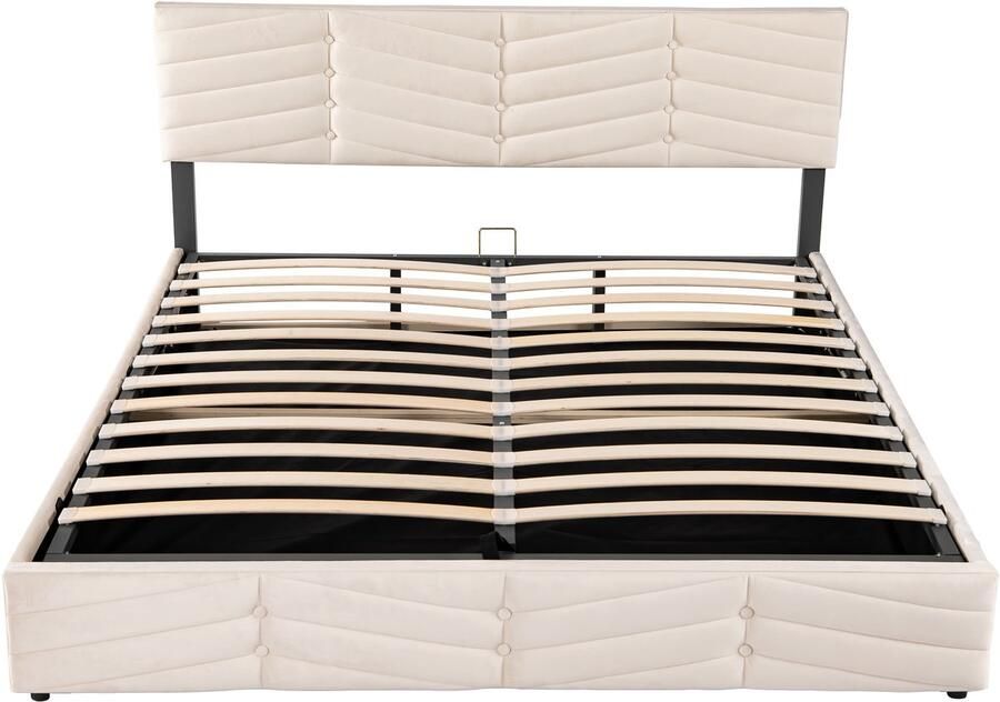 Ojiuboo -Gestoffeerd bed Tweepersoonsbed 180x200 cm met hydraulische opbergruimte Verstelbaar hoofdbord Beige Europese streep Fluweel