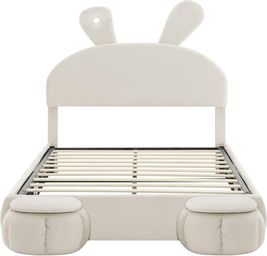 Ojiuboo Gestoffeerd hydraulisch tweepersoonsbed Beige fluwelen konijnenoren Met warme ledverlichting en voetenbankje met opbergruimte 140x200cm