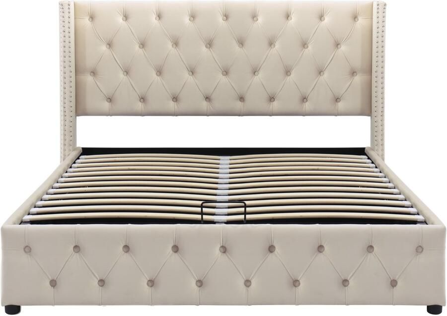 Ojiuboo -Gestoffeerd tweepersoonsbed 140x190cm Flanellen stof Chesterfield-stijl Bedstee met hydraulische opbergruimte Zwart Beige Met lattenbodem