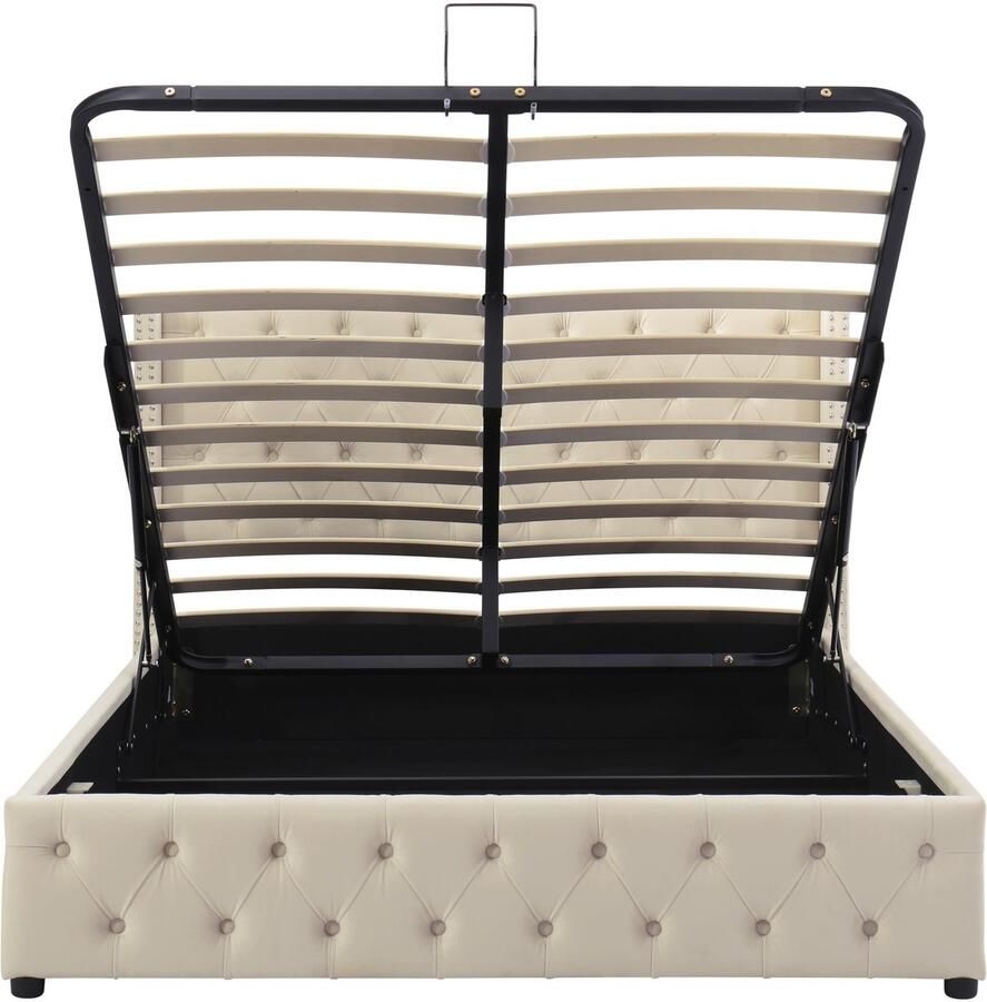 Ojiuboo -Gestoffeerd tweepersoonsbed 140x200cm Beige flanel Hydraulische bedstee Chesterfield-stijl Geklonken hoofdbord Inclusief lattenbodem