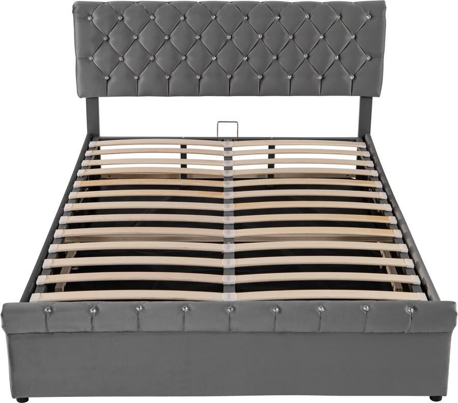 Ojiuboo -Gestoffeerd bed Tweepersoonsbed 140x190 cm Hydraulische opbergruimte Verstelbaar hoofdbord Fluweel Kristallen knoopdecoratie Europese stijl Grijs