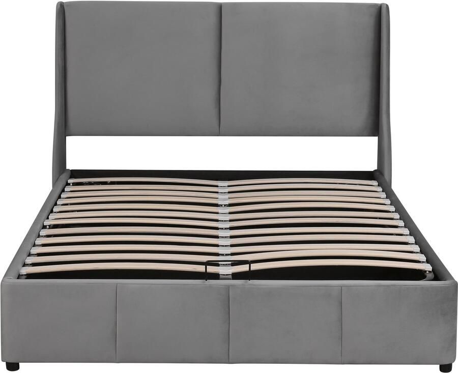 Ojiuboo -Gestoffeerd tweepersoonsbed 140x200cm Grijs fluweel Oorvormig hoofdbord met kussensloop Hydraulische opbergruimte Inclusief lattenbodem Exclusief matras