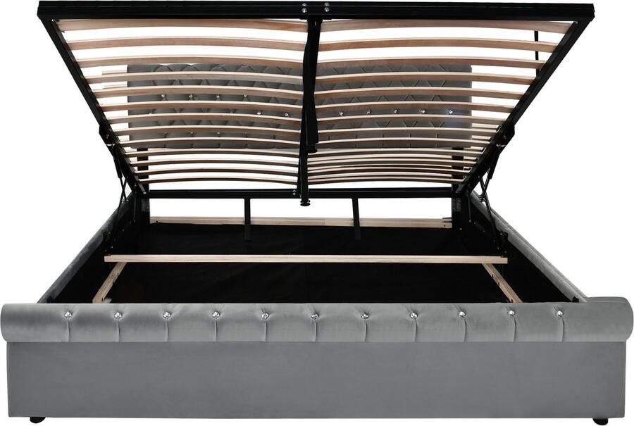 Ojiuboo -Gestoffeerd tweepersoonsbed 160 x 200 cm Fluwelen stof Verstelbaar hoofdbord Lattenbodem Grote opbergruimte Grijs Europees design