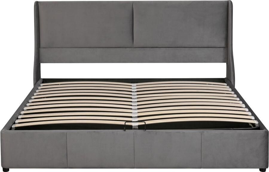 Ojiuboo -Gestoffeerd tweepersoonsbed 180x200 Grijs fluweel Oorvormig hoofdbord met kussensloop Hydraulische opbergfunctie Inclusief lattenbodem Matras niet inbegrepen