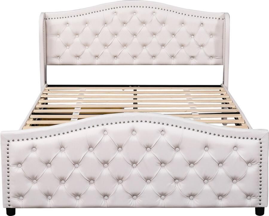 Ojiuboo -Gestoffeerd tweepersoonsbed 140x200 Wit kunstleer Geklonken uitschuifbaar hoofdbord Inclusief lattenbodem + 2 opberglades Massief houten constructie Matras niet inbegrepen