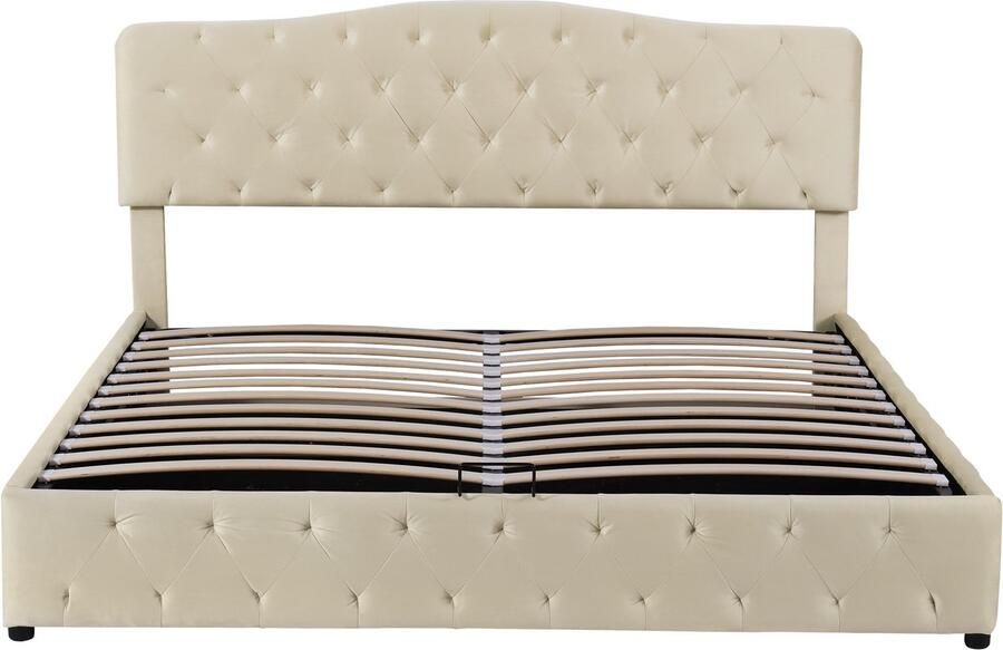 Ojiuboo -Gestoffeerd tweepersoonsbed 180x200 Beige synthetisch leer Europees hydraulisch systeem Verstelbaar hoofdbord Inclusief lattenbodem Exclusief matras