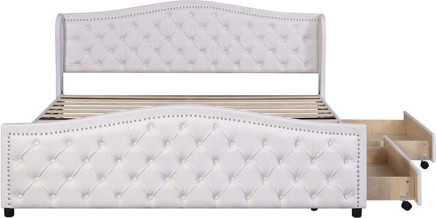 Ojiuboo -Gestoffeerd tweepersoonsbed 180x200 Wit kunstleer Geklonken uitschuifbaar hoofdbord Inclusief lattenbodem + 2 opberglades Massief houten constructie Matras niet inbegrepen