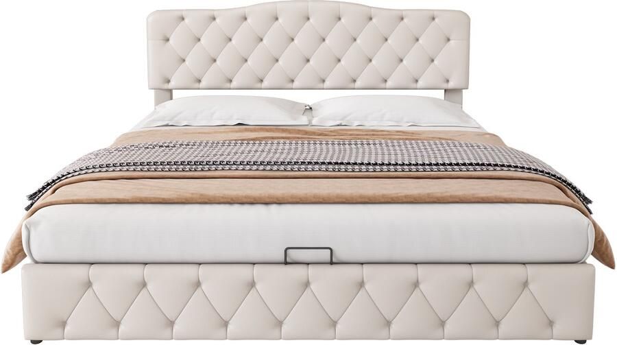 Ojiuboo -Gestoffeerd tweepersoonsbed 180x200 Wit synthetisch leer Europees hydraulisch systeem Verstelbaar hoofdbord Inclusief lattenbodem Exclusief matras