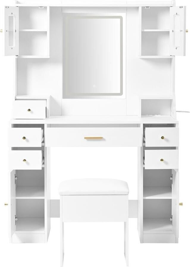 Ojiuboo Grote moderne kaptafel met LED-spiegel en stopcontact 6 laden 4 deuren opbergruimte met USB Type-C-aansluiting Wit 105x152x40cm