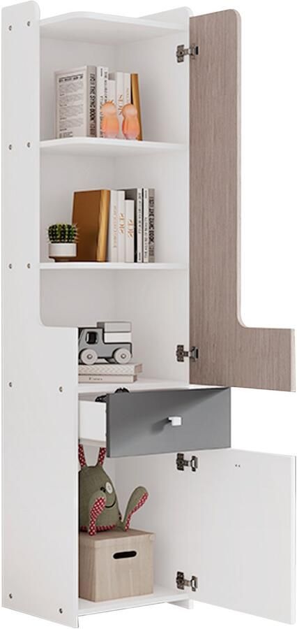 Ojiuboo Hoge boekenkast Voor tieners L-vormig deurontwerp Met lades en draaideuren Drie kleuren MDF-materiaal Wit + Lichte Iep + Grijs
